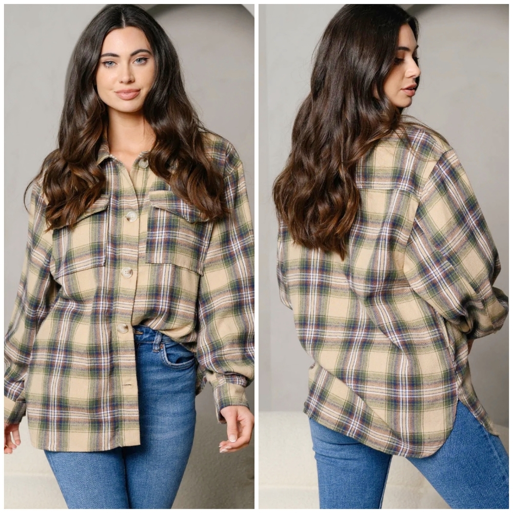 PEACH LOVE CALIFORNIA Oversized Taupe And Olive Plaid Flannel Top - Picture 4 of 6